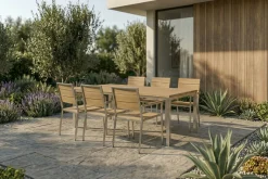 OUTFLEXX Garten-Essgruppe, Edelstahl/Teak, Tisch 200 x 100 cm, 6 Stapelsessel, FSC®-zertifiziertes Produkt