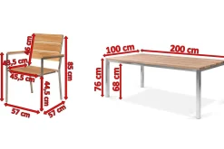 OUTFLEXX Garten-Essgruppe, Edelstahl/Teak, Tisch 200 x 100 cm, 6 Stapelsessel, FSC®-zertifiziertes Produkt