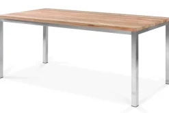 OUTFLEXX Garten-Essgruppe, Edelstahl/recyceltes Teak, Tisch 180 x 90 cm, 6 Stapelsessel, FSC®-zertifiziertes Produkt
