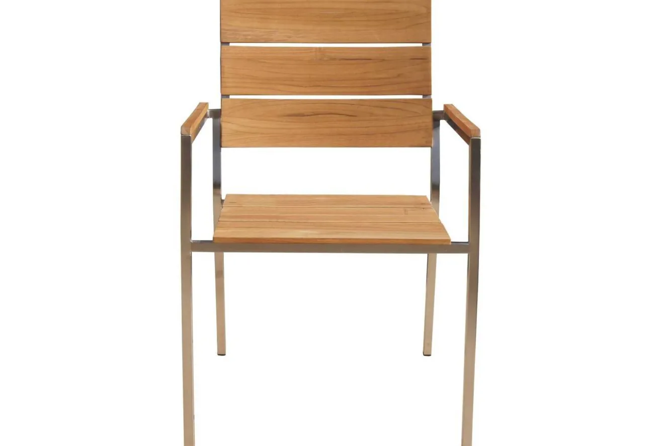 OUTFLEXX Garten-Essgruppe, Edelstahl/recyceltes Teak, Tisch 180 x 90 cm, 6 Stapelsessel, FSC®-zertifiziertes Produkt
