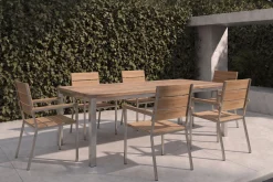 OUTFLEXX Garten-Essgruppe, Edelstahl/recyceltes Teak, Tisch 180 x 90 cm, 6 Stapelsessel, FSC®-zertifiziertes Produkt