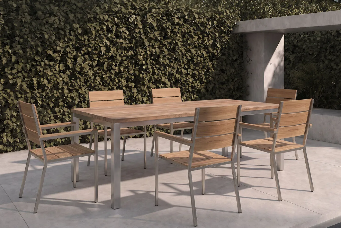 OUTFLEXX Garten-Essgruppe, Edelstahl/recyceltes Teak, Tisch 180 x 90 cm, 6 Stapelsessel, FSC®-zertifiziertes Produkt
