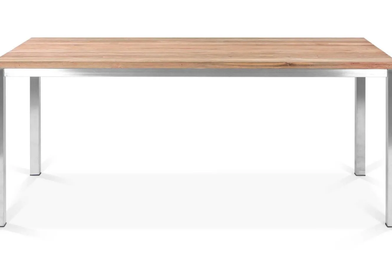 OUTFLEXX Garten-Essgruppe, Edelstahl/recyceltes Teak, Tisch 180 x 90 cm, 6 Stapelsessel, FSC®-zertifiziertes Produkt