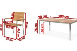 OUTFLEXX Garten-Essgruppe, Edelstahl/recyceltes Teak, Tisch 180 x 90 cm, 6 Stapelsessel, FSC®-zertifiziertes Produkt