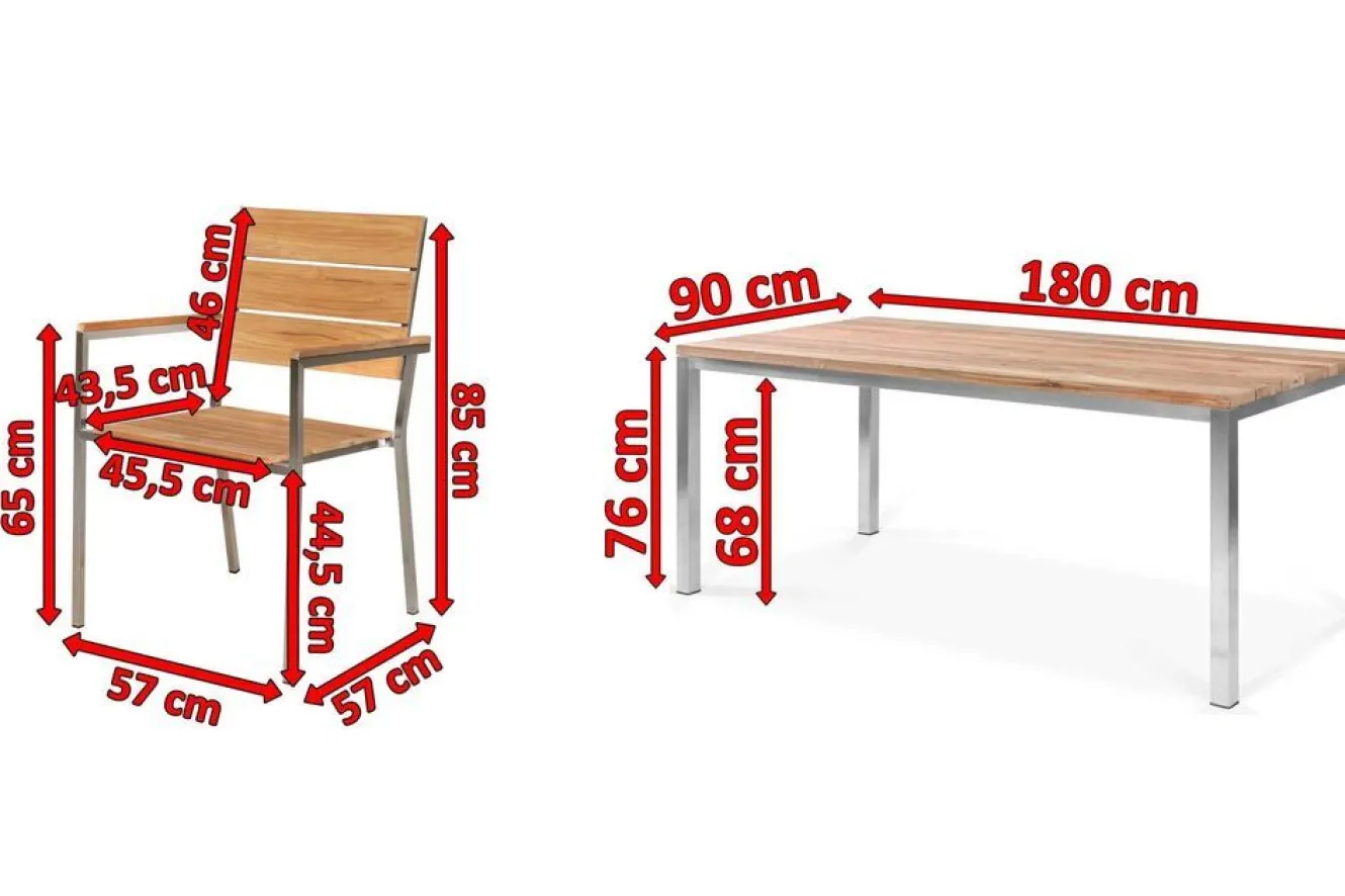 OUTFLEXX Garten-Essgruppe, Edelstahl/recyceltes Teak, Tisch 180 x 90 cm, 6 Stapelsessel, FSC®-zertifiziertes Produkt