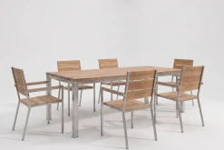OUTFLEXX Garten-Essgruppe, Edelstahl/recyceltes Teak, Tisch 180 x 90 cm, 6 Stapelsessel, FSC®-zertifiziertes Produkt