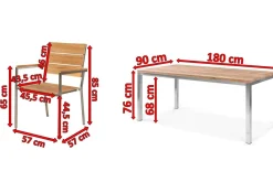 OUTFLEXX Garten-Essgruppe, Edelstahl/recyceltes Teak, Tisch 180 x 90 cm, 6 Stapelsessel, FSC®-zertifiziertes Produkt