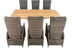 OUTFLEXX Garten-Essgruppe, Edelstahl/recyceltes Teak, Tisch 220x100 cm, 6 Hochlehner- Diningsessel, A-Gestell, FSC®-zertifiziertes Produkt