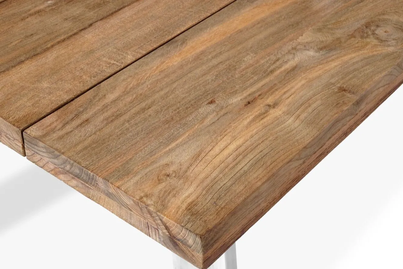 OUTFLEXX Garten-Essgruppe, Edelstahl/recyceltes Teak, Tisch 220x100 cm, 6 Hochlehner- Diningsessel, A-Gestell, FSC®-zertifiziertes Produkt