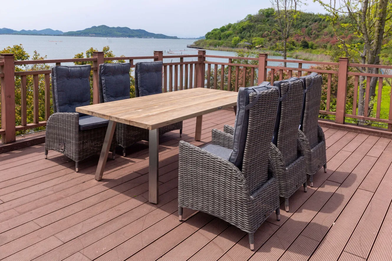 OUTFLEXX Garten-Essgruppe, Edelstahl/recyceltes Teak, Tisch 220x100 cm, 6 Hochlehner- Diningsessel, A-Gestell, FSC®-zertifiziertes Produkt