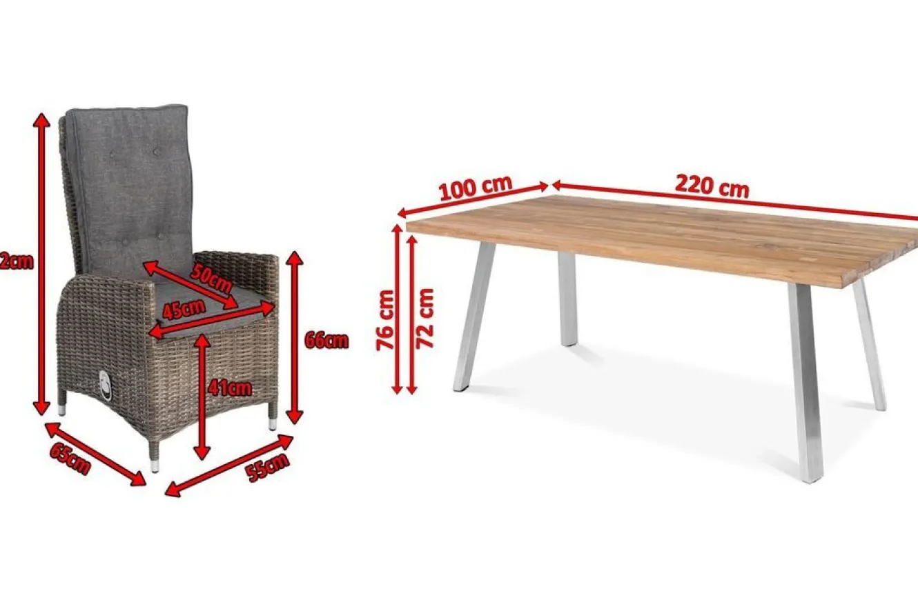 OUTFLEXX Garten-Essgruppe, Edelstahl/recyceltes Teak, Tisch 220x100 cm, 6 Hochlehner- Diningsessel, A-Gestell, FSC®-zertifiziertes Produkt