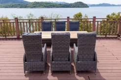 OUTFLEXX Garten-Essgruppe, Edelstahl/recyceltes Teak, Tisch 220x100 cm, 6 Hochlehner- Diningsessel, A-Gestell, FSC®-zertifiziertes Produkt