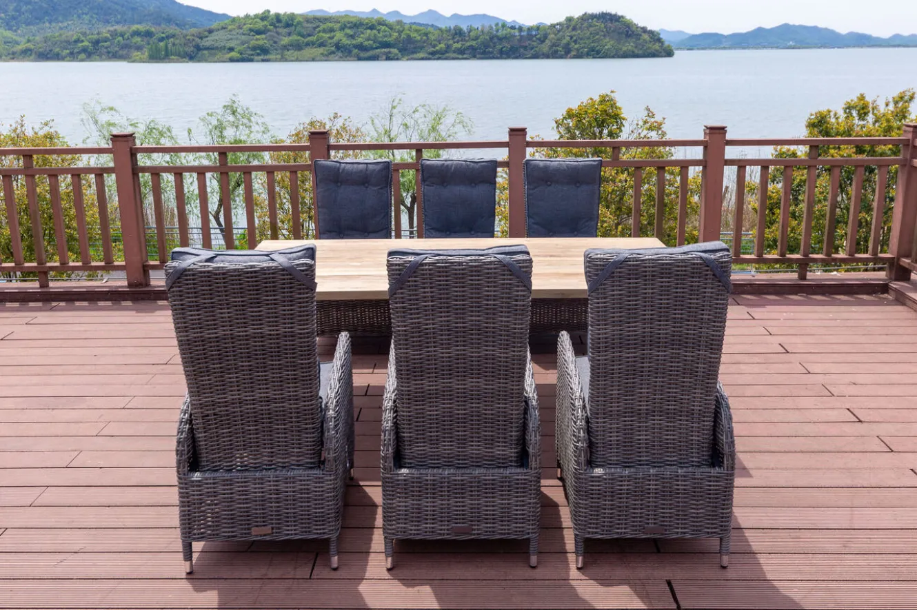 OUTFLEXX Garten-Essgruppe, Edelstahl/recyceltes Teak, Tisch 220x100 cm, 6 Hochlehner- Diningsessel, A-Gestell, FSC®-zertifiziertes Produkt