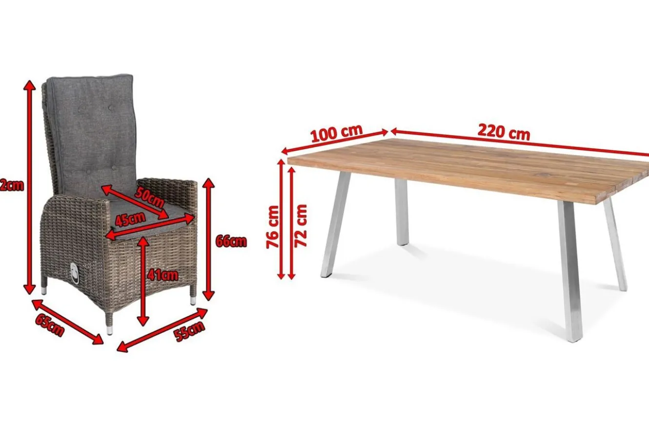 OUTFLEXX Garten-Essgruppe, Edelstahl/recyceltes Teak, Tisch 220x100 cm, 6 Hochlehner- Diningsessel, A-Gestell, FSC®-zertifiziertes Produkt