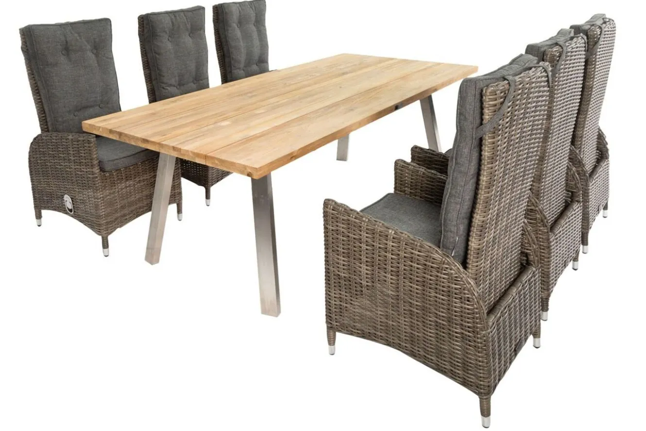 OUTFLEXX Garten-Essgruppe, Edelstahl/recyceltes Teak, Tisch 220x100 cm, 6 Hochlehner- Diningsessel, A-Gestell, FSC®-zertifiziertes Produkt