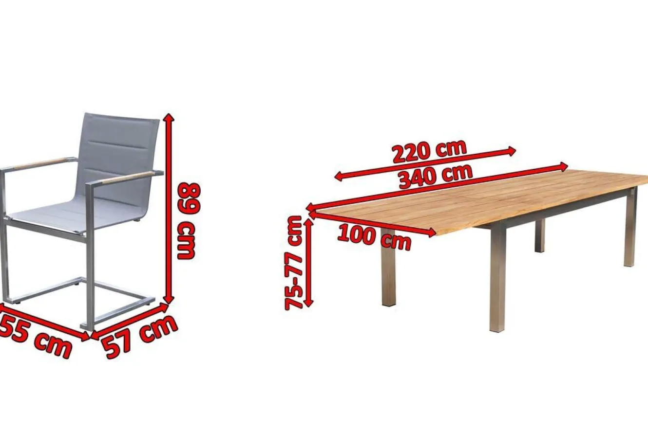 OUTFLEXX Garten-Essgruppe, Edelstahl/Teak, 220/340 x 100 cm, 6 Freischwinger, silber, Tischplattedicke 3cm, FSC®-zertifiziertes Produkt