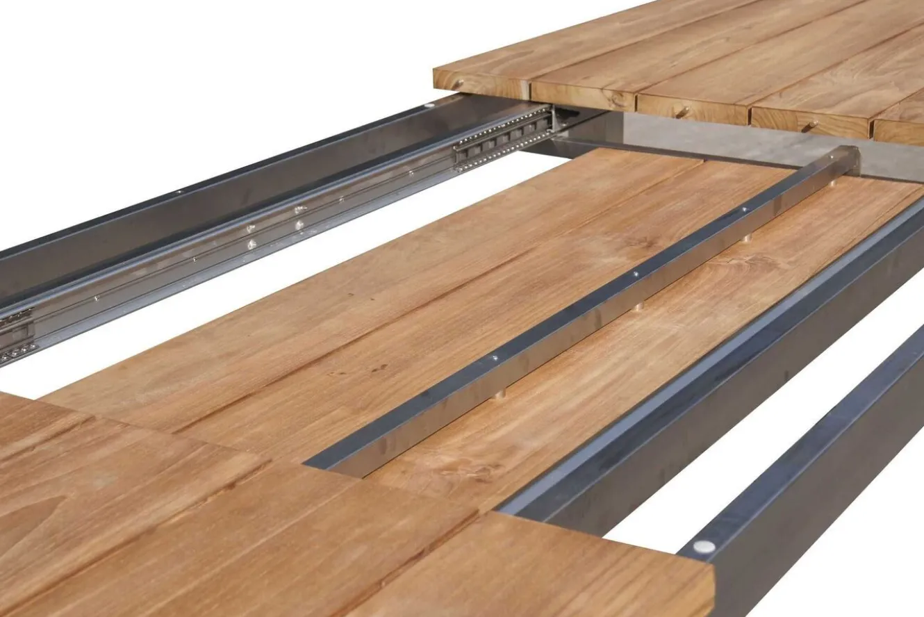 OUTFLEXX Garten-Essgruppe, Edelstahl/Teak, 220/340 x 100 cm, 6 Freischwinger, silber, Tischplattedicke 3cm, FSC®-zertifiziertes Produkt
