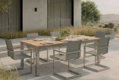 OUTFLEXX Garten-Essgruppe, Edelstahl/Teak, 220/340 x 100 cm, 6 Freischwinger, silber, Tischplattedicke 3cm, FSC®-zertifiziertes Produkt
