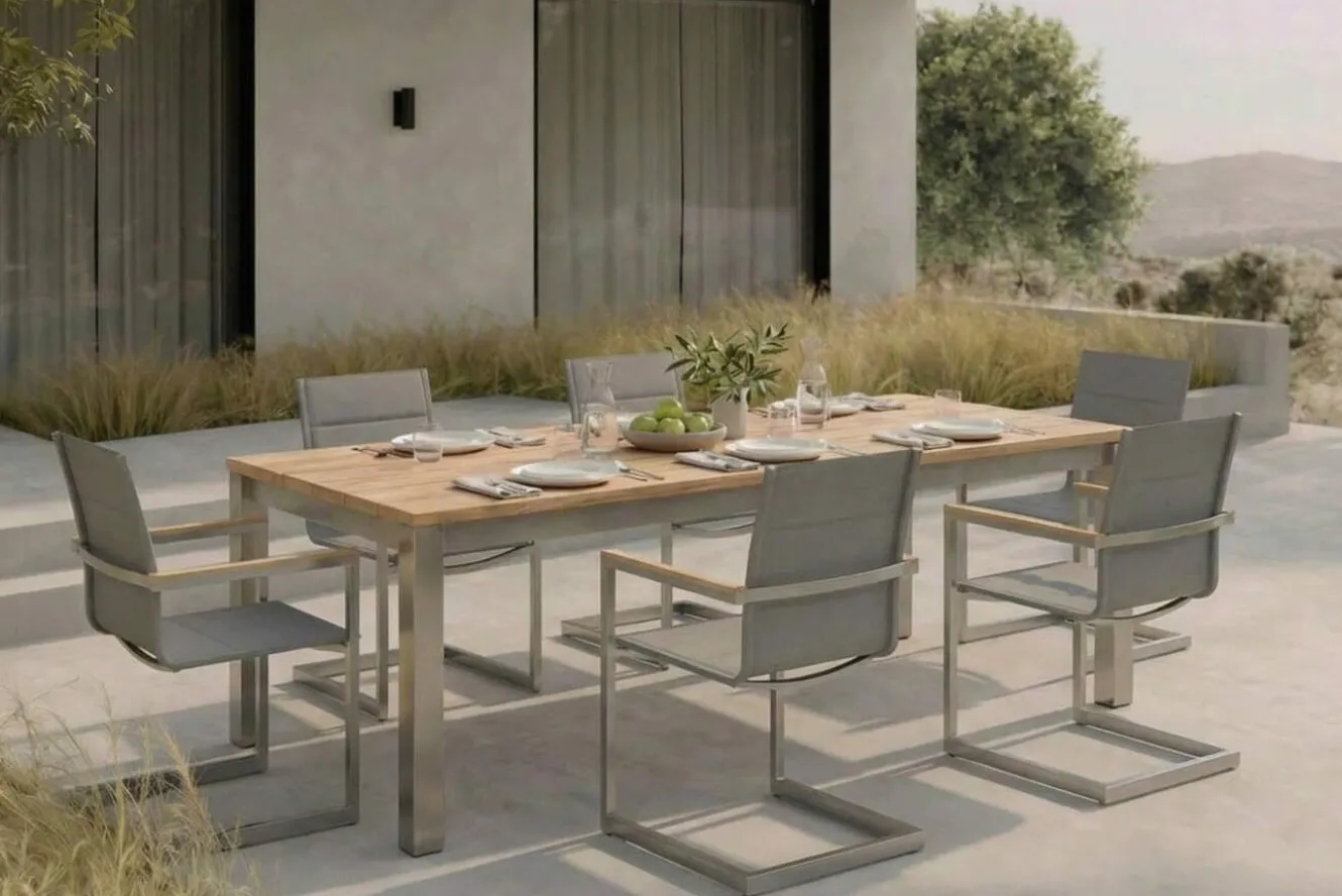 OUTFLEXX Garten-Essgruppe, Edelstahl/Teak, 220/340 x 100 cm, 6 Freischwinger, silber, Tischplattedicke 3cm, FSC®-zertifiziertes Produkt