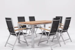 OUTFLEXX Garten-Essgruppe, Edelstahl / Teak, Tisch 200 x 100 cm, 6 Klappstühle, schwarz