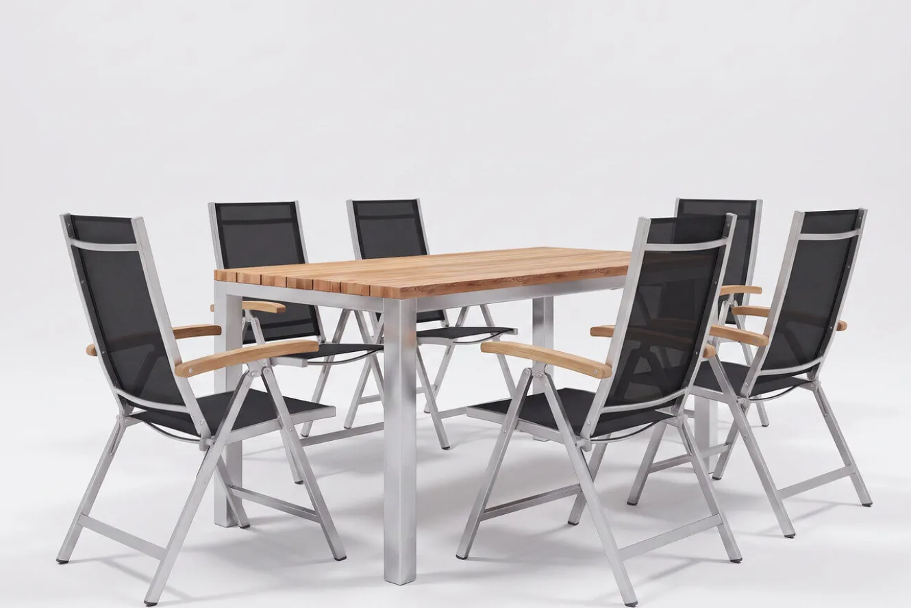 OUTFLEXX Garten-Essgruppe, Edelstahl / Teak, Tisch 200 x 100 cm, 6 Klappstühle, schwarz
