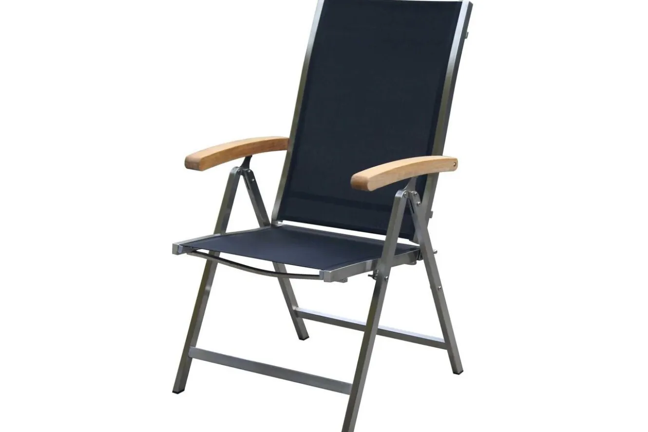 OUTFLEXX Garten-Essgruppe, Edelstahl / Teak, Tisch 200 x 100 cm, 6 Klappstühle, schwarz