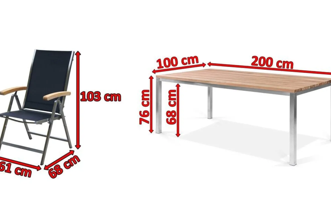 OUTFLEXX Garten-Essgruppe, Edelstahl / Teak, Tisch 200 x 100 cm, 6 Klappstühle, schwarz