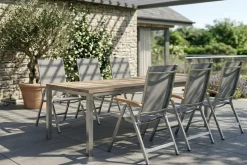 OUTFLEXX Garten-Essgruppe, Edelstahl/recyceltes Teak, Tisch 180 x 90 cm, 6 Klappstühle, silber, FSC®-zertifiziertes Produkt