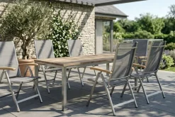OUTFLEXX Garten-Essgruppe, Edelstahl/recyceltes Teak, Tisch 180 x 90 cm, 6 Klappstühle, silber, FSC®-zertifiziertes Produkt