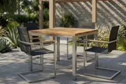OUTFLEXX Garten-Essgruppe, Edelstahl/recyceltes Teak, Tisch 90 x 90 cm, 4 Freischwinger padded, schwarz, FSC®-zertifiziertes Produkt