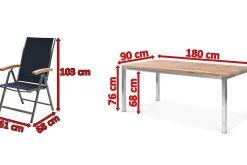 OUTFLEXX Garten-Essgruppe, Edelstahl/recyceltes Teak, Tisch 180 x 90 cm, 6 Klappstühle, schwarz, FSC®-zertifiziertes Produkt