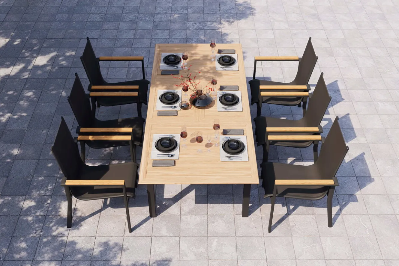 OUTFLEXX Garten-Essgruppe für 6 Pesonen, anthrazit matt, Alu/Textilene, Tisch 180/240 x 100 cm, stapelbare Sessel, FSC®-zertifizertes Produkt