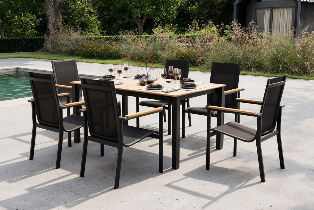OUTFLEXX Garten-Essgruppe für 6 Pesonen, anthrazit matt, Alu/Textilene, Tisch 180/240 x 100 cm, stapelbare Sessel, FSC®-zertifizertes Produkt