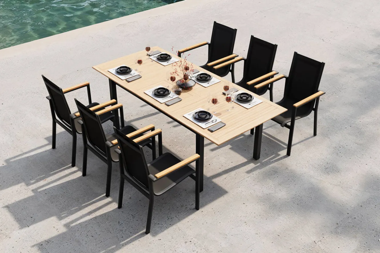 OUTFLEXX Garten-Essgruppe für 6 Pesonen, anthrazit matt, Alu/Textilene, Tisch 180/240 x 100 cm, stapelbare Sessel, FSC®-zertifizertes Produkt