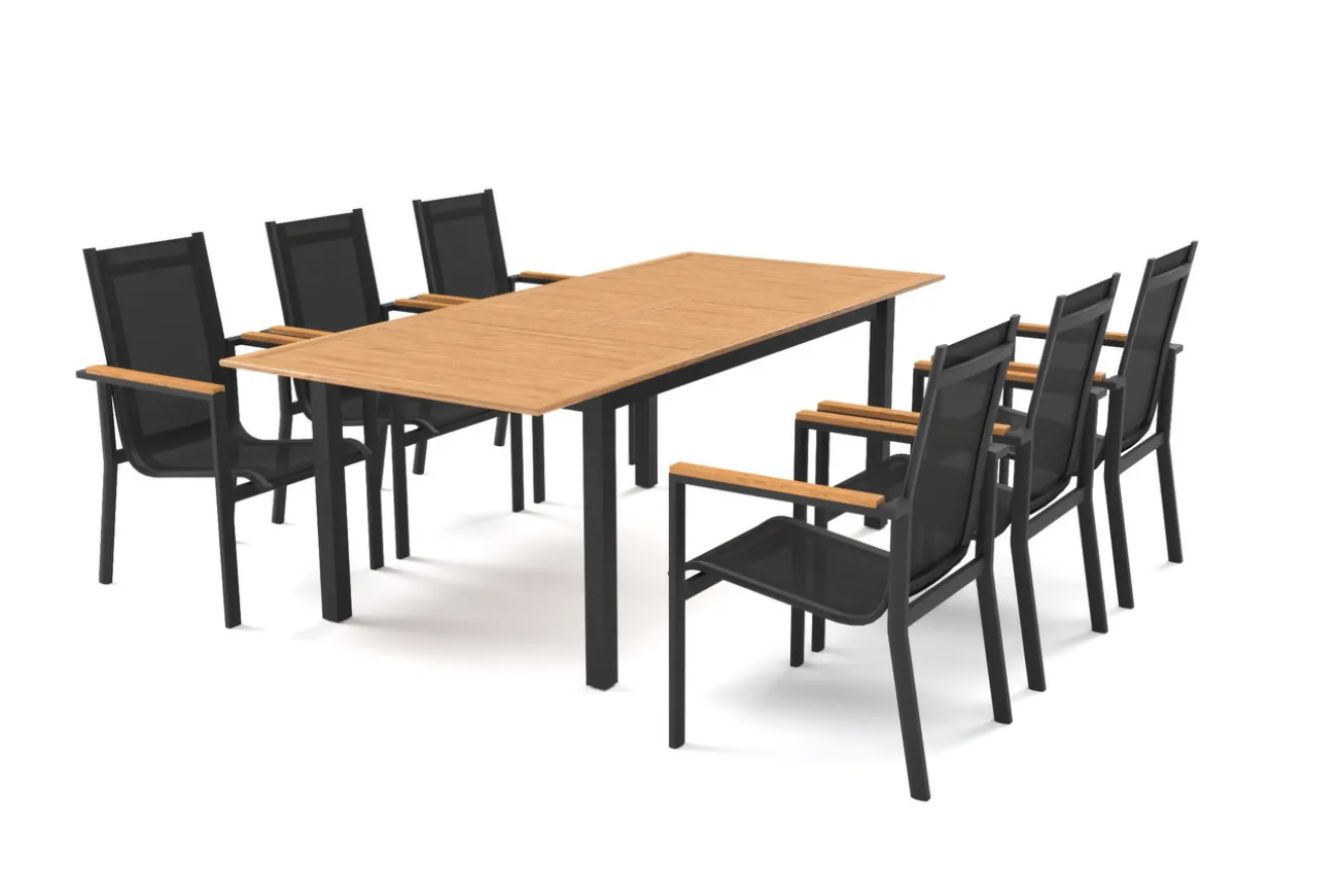 OUTFLEXX Garten-Essgruppe für 6 Pesonen, anthrazit matt, Alu/Textilene, Tisch 180/240 x 100 cm, stapelbare Sessel, FSC®-zertifizertes Produkt