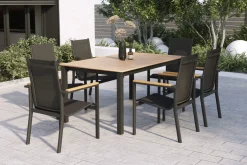 OUTFLEXX Garten-Essgruppe für 6 Pesonen, anthrazit matt, Alu/Textilene, Tisch 180/240 x 100 cm, stapelbare Sessel, FSC®-zertifizertes Produkt