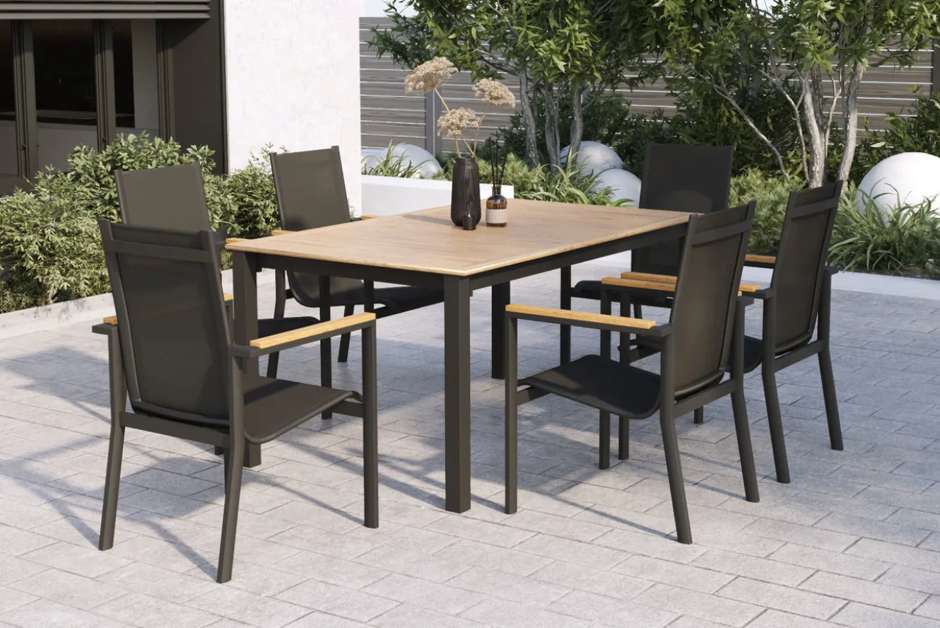 OUTFLEXX Garten-Essgruppe für 6 Pesonen, anthrazit matt, Alu/Textilene, Tisch 180/240 x 100 cm, stapelbare Sessel, FSC®-zertifizertes Produkt