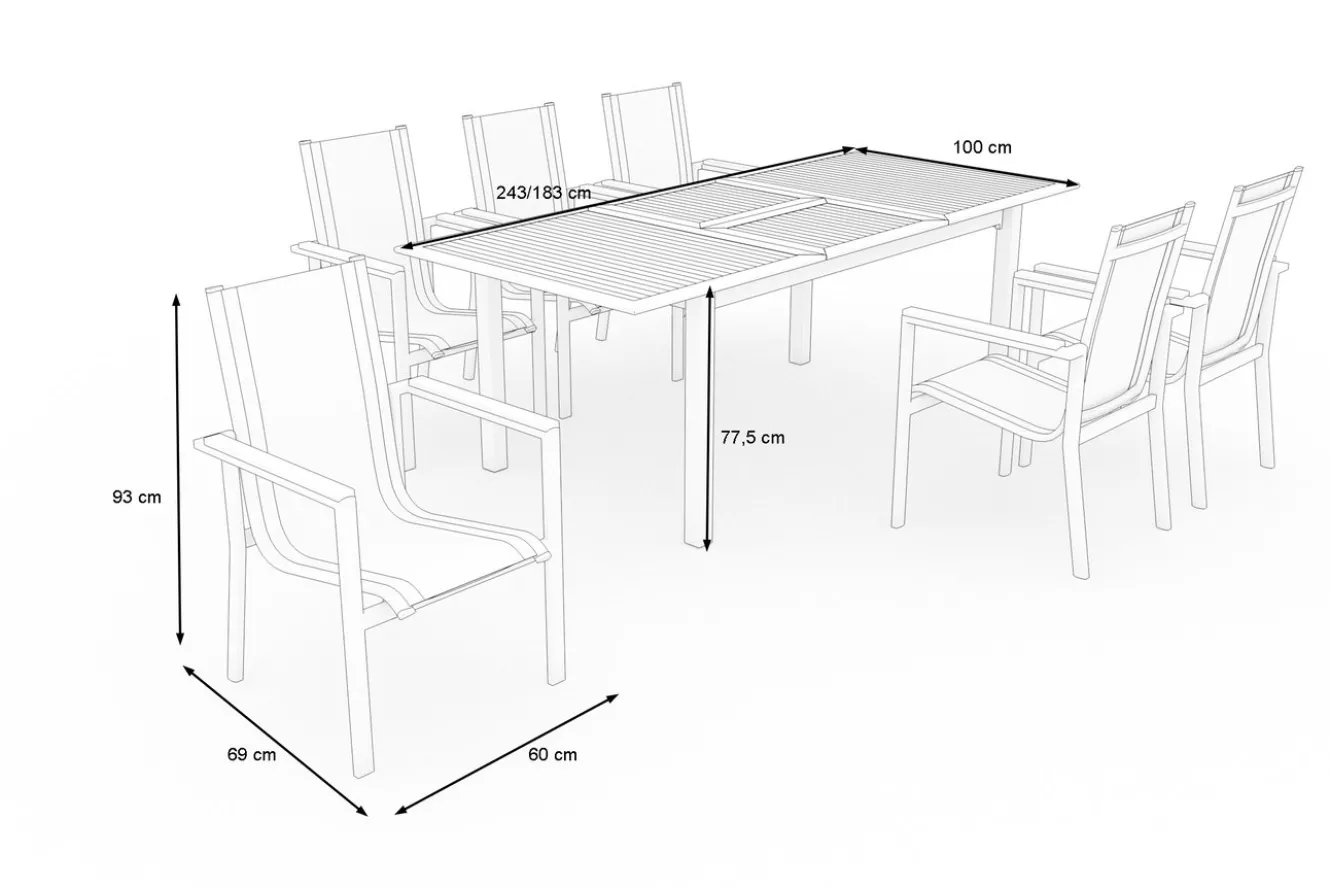 OUTFLEXX Garten-Essgruppe für 6 Pesonen, anthrazit matt, Alu/Textilene, Tisch 180/240 x 100 cm, stapelbare Sessel, FSC®-zertifizertes Produkt