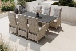 OUTFLEXX Garten-Essgruppe für 6 Personen, desert-beige, Alu/Polyrattan, Esstisch 200x 95 cm, verstellbare Diningsessel