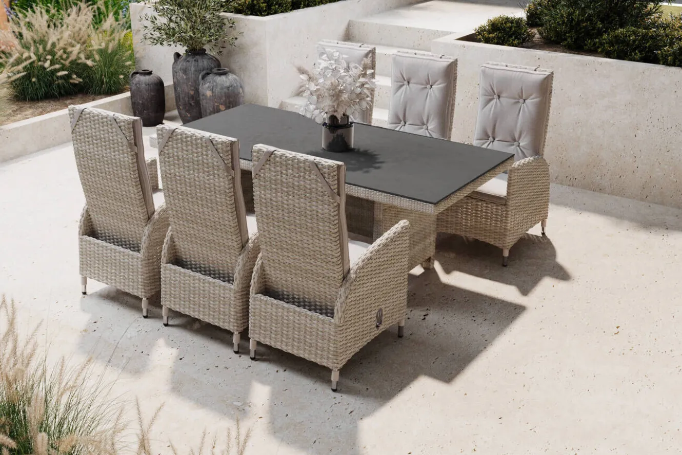 OUTFLEXX Garten-Essgruppe für 6 Personen, desert-beige, Alu/Polyrattan, Esstisch 200x 95 cm, verstellbare Diningsessel