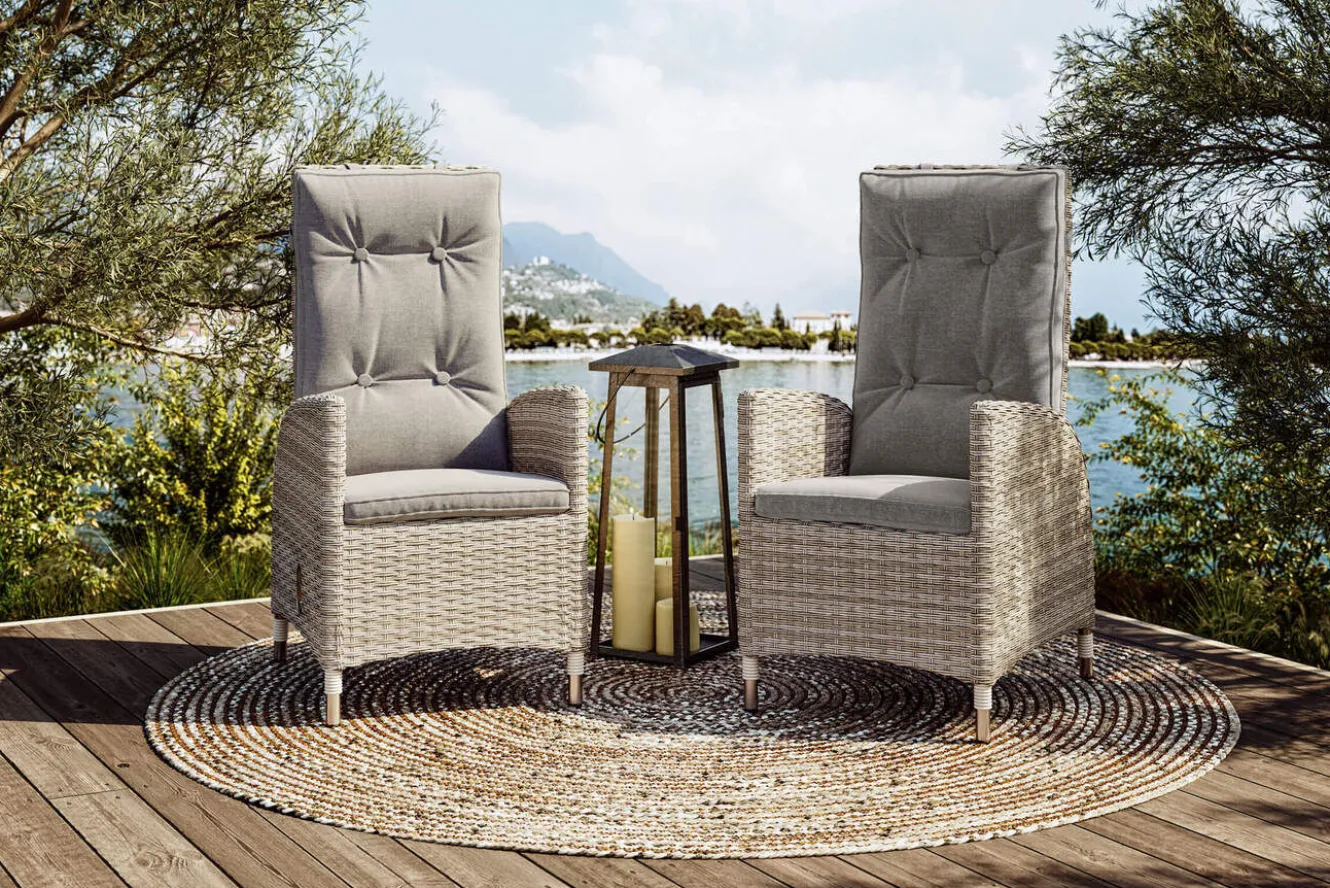 OUTFLEXX Garten-Essgruppe für 6 Personen, desert-beige, Alu/Polyrattan, Esstisch 200x 95 cm, verstellbare Diningsessel
