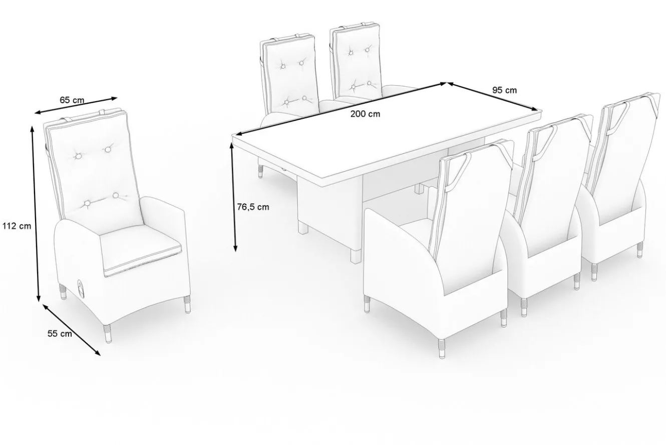 OUTFLEXX Garten-Essgruppe für 6 Personen, desert-beige, Alu/Polyrattan, Esstisch 200x 95 cm, verstellbare Diningsessel