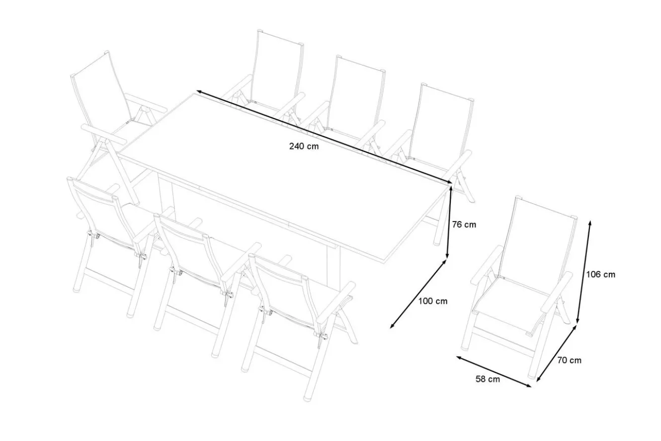 OUTFLEXX Garten-Essgruppe für 8 Personen, weiß/hellgrau, Alu/Sicherheitsglas, Tisch ausziehbar, Stühle klappbar