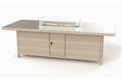 OUTFLEXX Garten-Essgruppe für 6 Personen, dessert-beige, Alu/Polyrattan, mit Feuertisch 200 x 100 cm, UV- & witterungsbeständig