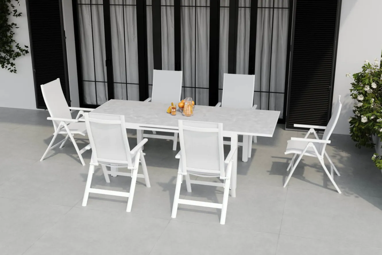 OUTFLEXX Garten-Essgruppe für 6 Personen, creme/weiß, Alu/Sicherheitsglas, Tisch ausziehbar 180/240 x 100 cm, Stühle klappbar