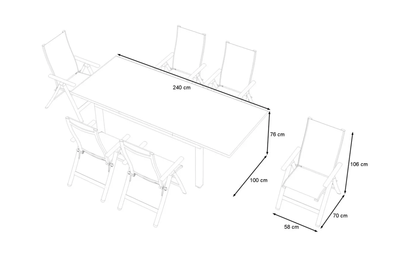 OUTFLEXX Garten-Essgruppe für 6 Personen, creme/weiß, Alu/Sicherheitsglas, Tisch ausziehbar 180/240 x 100 cm, Stühle klappbar