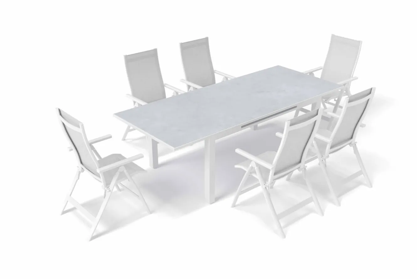 OUTFLEXX Garten-Essgruppe für 6 Personen, creme/weiß, Alu/Sicherheitsglas, Tisch ausziehbar 180/240 x 100 cm, Stühle klappbar