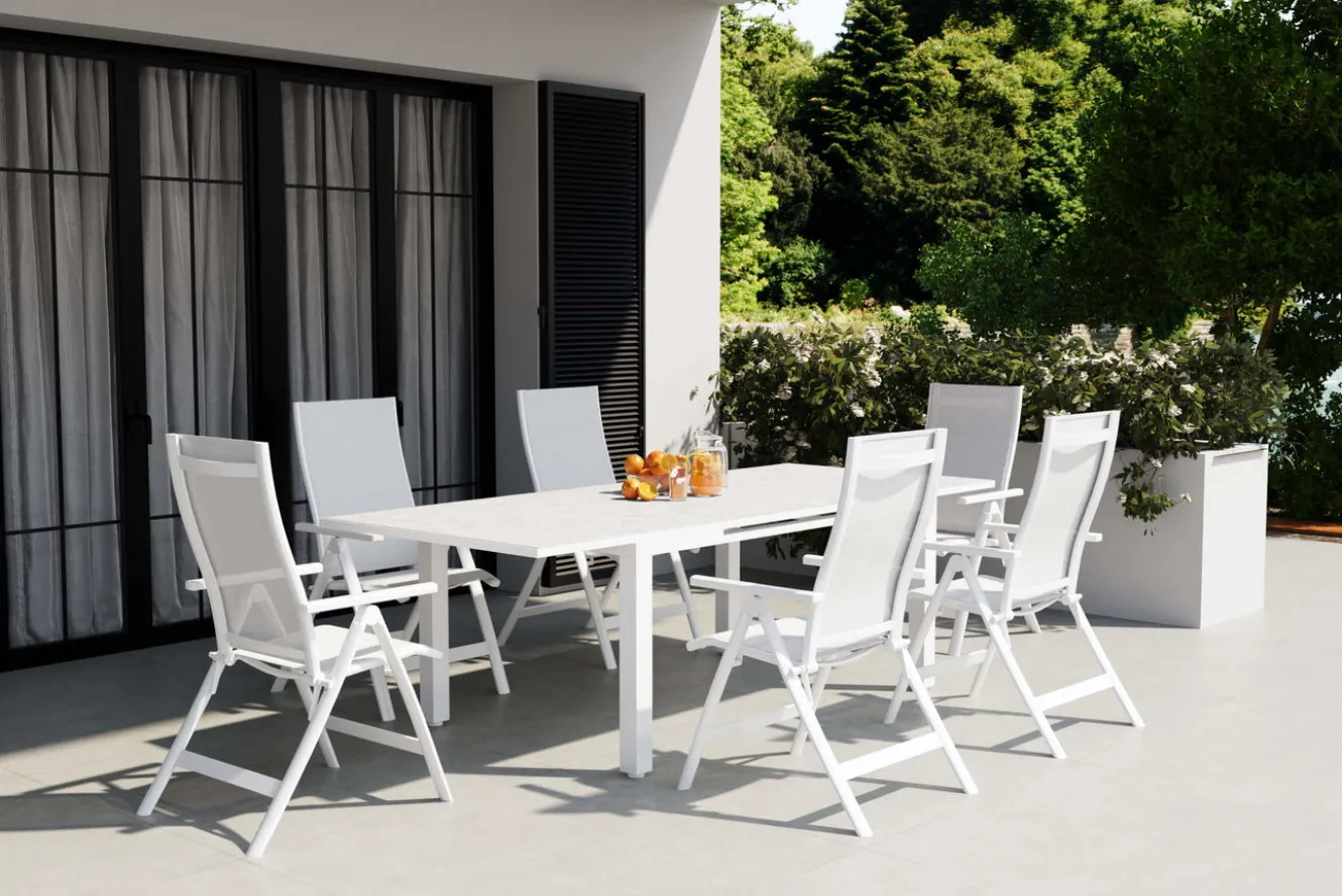 OUTFLEXX Garten-Essgruppe für 6 Personen, creme/weiß, Alu/Sicherheitsglas, Tisch ausziehbar 180/240 x 100 cm, Stühle klappbar