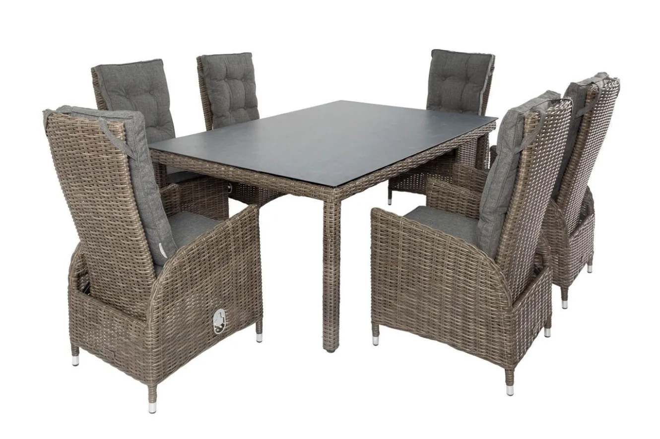 OUTFLEXX Garten-Essgruppe, grau, Polyrattan, Tisch 180x120cm, Spraystone, 8mm, 6 Dining Sessel, verstellbar