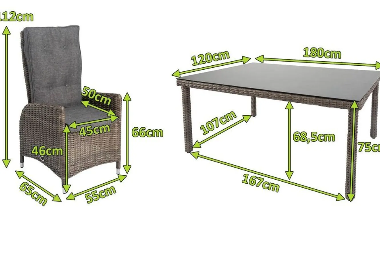 OUTFLEXX Garten-Essgruppe, grau, Polyrattan, Tisch 180x120cm, Spraystone, 8mm, 6 Dining Sessel, verstellbar